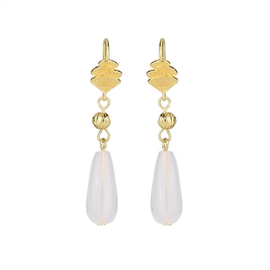 Detail view of teardrop white chalcedony drop earrings with elegant gold fan accents