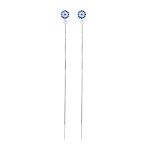 Evil Eye sterling silver long threader earrings with blue and white cubic zirconia