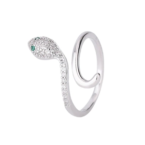 Bague serpent ajustable en argent avec zircons pavés et yeux en pierres précieuses vertes