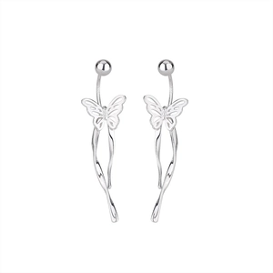 Detail of silver butterfly tassel earrings with elegant wave streamline drop design