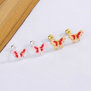 Close-up of S925 butterfly stud earrings with red gradient enamel and screw back detail
