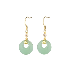 Classic Chinese style jade ring earrings with gold ruyi pattern and hook closure