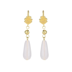 Elegant gold fan-shaped drop earrings with translucent pink chalcedony teardrop pendants