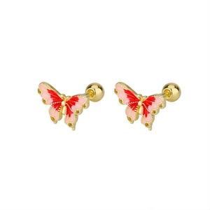 Detail of gold enamel butterfly stud earrings with secure screw-back ball closures