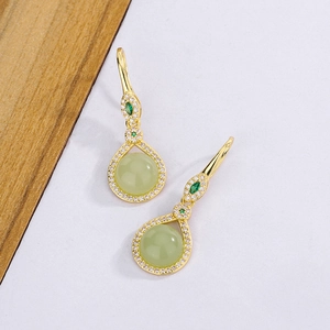 New Chinese vintage drop earrings with light green jade and gold-plated floral hooks