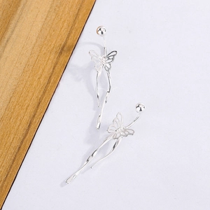 Elegant silver butterfly tassel drop earrings with screw back and long curved metal bars