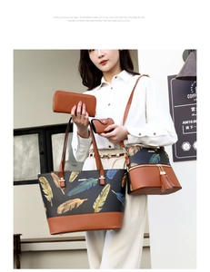 Detailed view of 4-piece tote bag set with feather print and tassel crossbody purse