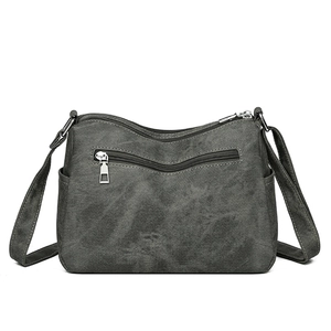 Retro charcoal grey soft leather crossbody bag for women with multi-zipper compartments