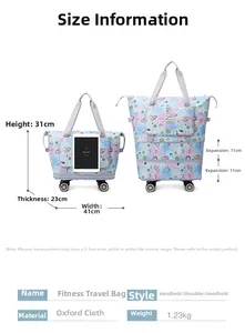 Size chart for expandable travel tote showing 41x23x31cm dimensions and wheels