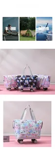 Detail of travel tote showing multi-layer expansion zippers and smooth rolling wheels