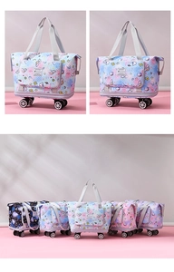 Detail view of foldable travel tote with 4 wheels and cute unicorn cartoon prints