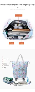 Detail of expandable travel tote showing double-layer storage and wet-dry separation bag