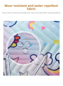 Close-up of waterproof quilted fabric with rainbow print for large travel tote bag