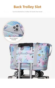 Detail of travel tote showing back luggage sleeve and hidden zipper pocket for storage