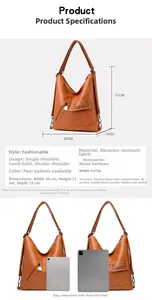 Detailed size comparison and specifications for this brown vintage tote bag with iPad scale