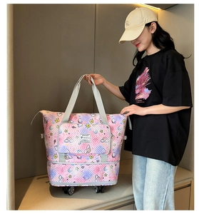 Detail of pink quilted rolling travel bag with wheels and cartoon patterns