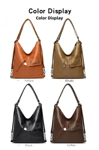 Four colors of vintage large capacity leather tote bags with front zip and rivet pockets