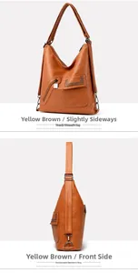 Detail of yellow brown PU leather tote with metal rivets and decorative zipper pockets