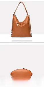 Rear view and flat base of a tan pebbled leather tote bag with back zipper pocket