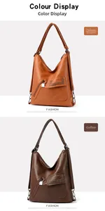 Detail of vintage faux leather hobo bags in brown and coffee with rivet flap pockets
