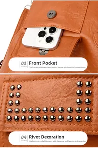 Detail view of orange lychee leather bag with front magnetic pocket and metal rivet decor