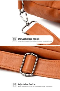 Close-up of brown litchi pattern leather bag with silver metal hooks and adjustment buckle