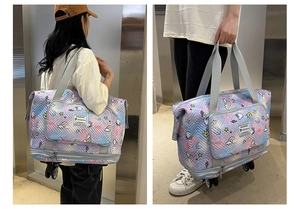 Detail of lavender unicorn travel bag with wheels, quilted texture, and dual carry modes