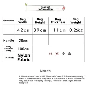 Size chart showing 42x39x11cm dimensions and nylon material for the printed tote bag