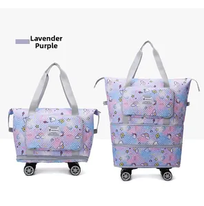 Macro detail of Taro Purple travel bag showing its expandable design and swivel wheels
