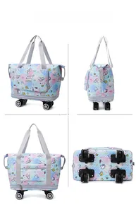 Four views of a pastel unicorn travel tote with 360-degree silent spinner wheels