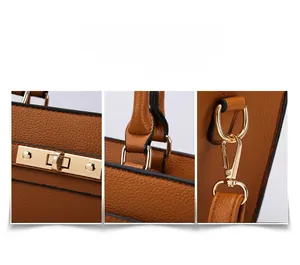 Detail shots of brown lychee grain leather handbag featuring golden hardware and fine stitching
