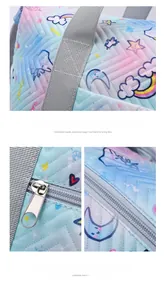 Detailed stitching and metal zipper closure on the rainbow print expandable travel bag