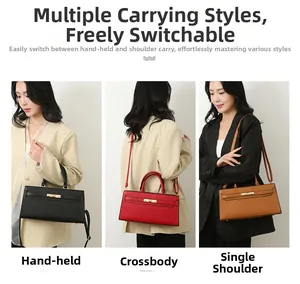 Detailed view of three tote bags in black, red, and brown showing multiple carrying styles
