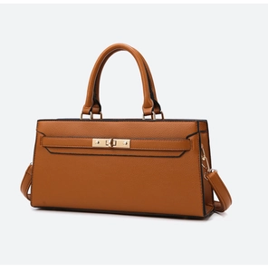 Detail of caramel faux leather Boston bag with gold turn-lock and adjustable strap