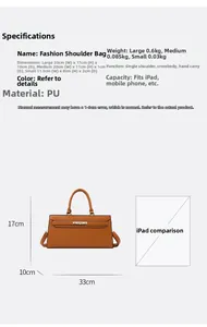 Brown PU leather tote showing size dimensions of 33x17x10cm next to an iPad comparison
