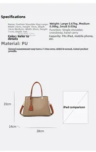 Detailed size chart for large tote bag set with dimensions and capacity specifications