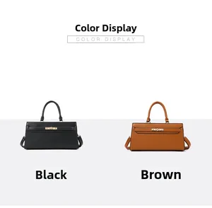 Detail view of stylish tote bags in black and brown pebbled leather with flap closures