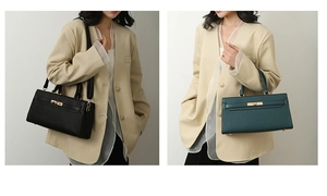 Detail of classic tote bags in black and dark green with textured leather and gold hardware