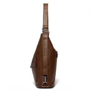 Retro dark brown pebbled PU leather tote bag with rivet side pocket and silver hardware