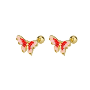 Pink and red enamel butterfly screw back earrings in gold finish for women