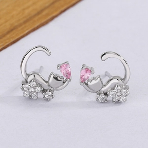 Cat Stud Earrings Silver Plated Copper Pink Zircon White Rhinestone Animal Moon Silhouette Sweet Jewelry For Women