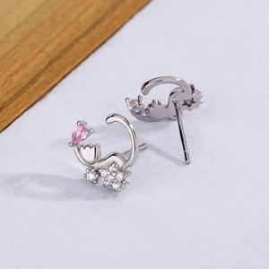 Silver kitten earrings on moon with pink crystals and star charm dangles