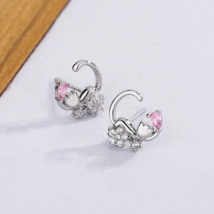 925 silver plated cat on moon stud earrings with pink pear-shaped stone and white zircons