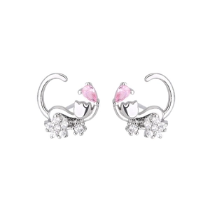 Cute S925 silver cat earrings with pink pear-shaped gem and sparkling zircon stones