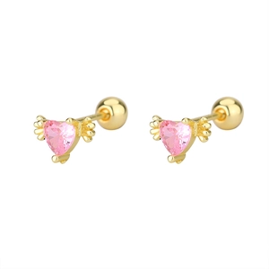 Detail of pink heart gemstone earrings with golden wings and secure screw back closure