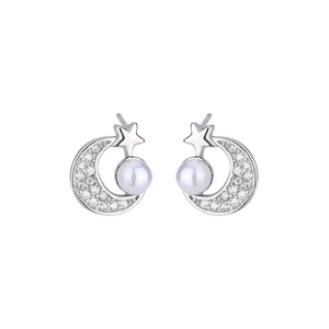 S925 silver moon and star stud earrings with pave crystals and white round pearls