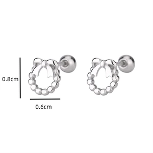Detail view showing dimensions of S925 silver bow wreath stud earrings 0.8x0.6cm