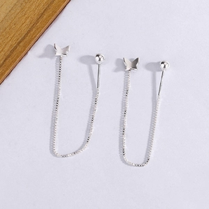 Long silver butterfly threader earrings with delicate chains and polished finish for women