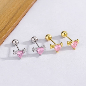Pink Heart Zircon Stud Earrings With Angel Wings And 925 Sterling Silver Earring Post Screw Back Sweet Jewelry For Women