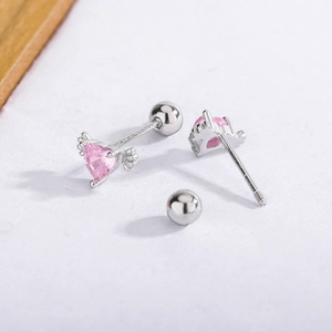 Pink heart angel wing screw back earrings in polished silver metal with cubic zirconia